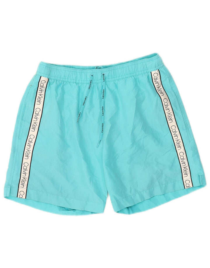 Calvin Klein Shorts de natação masculino gráfico pequeno azul colorblock poliéster