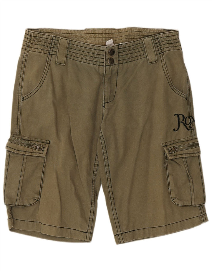 Shorts cargo feminino ROXY estampado de cintura média US 10 grande W29 algodão cáqui