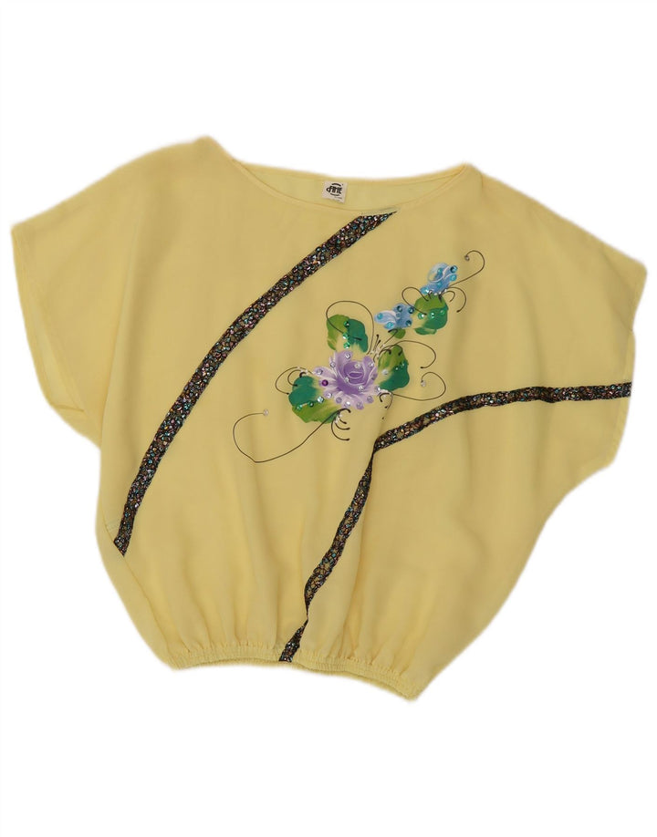 Blusa cropped feminina vintage UK 14 poliéster floral amarelo médio