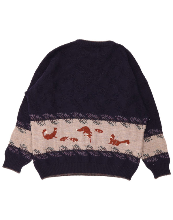 Suéter vintage masculino com gola redonda e gola redonda XL roxo em bloco de lã