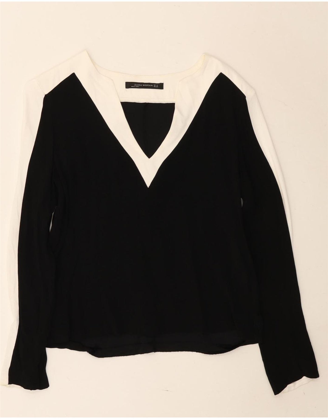 Top feminino Zara de manga comprida UK 14 médio preto colorblock viscose