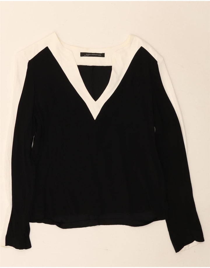 Top feminino Zara de manga comprida UK 14 médio preto colorblock viscose