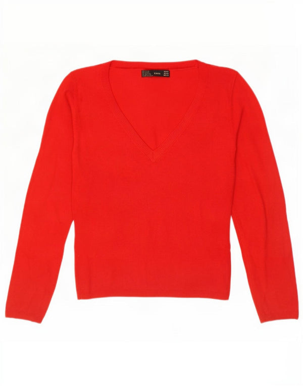 Suéter feminino Zara com decote em V UK 12 médio vermelho rayon