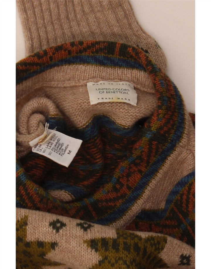 Suéter masculino Benetton com gola redonda, médio bege, lã Fair Isle