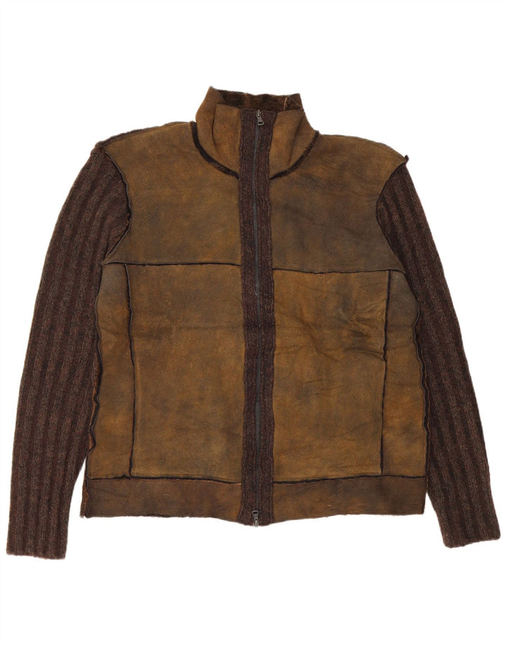 Suéter cardigã masculino vintage IT 50 algodão colorblock marrom médio