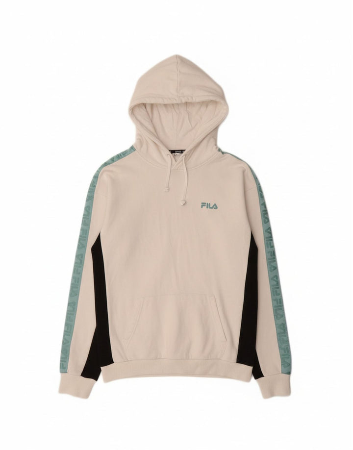 FILA Mens Graphic Hoodie Jumper Small White Colourblock Cotton Vintage Fila and Second-Hand Fila from Messina Hembry 