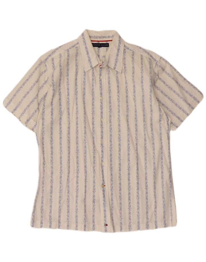 Camisa masculina de manga curta Tommy Hilfiger grande algodão listrado branco