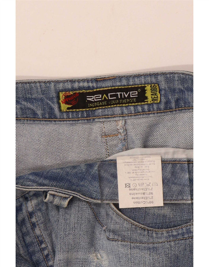 Mini saia jeans vintage feminina desgastada W31 algodão azul médio