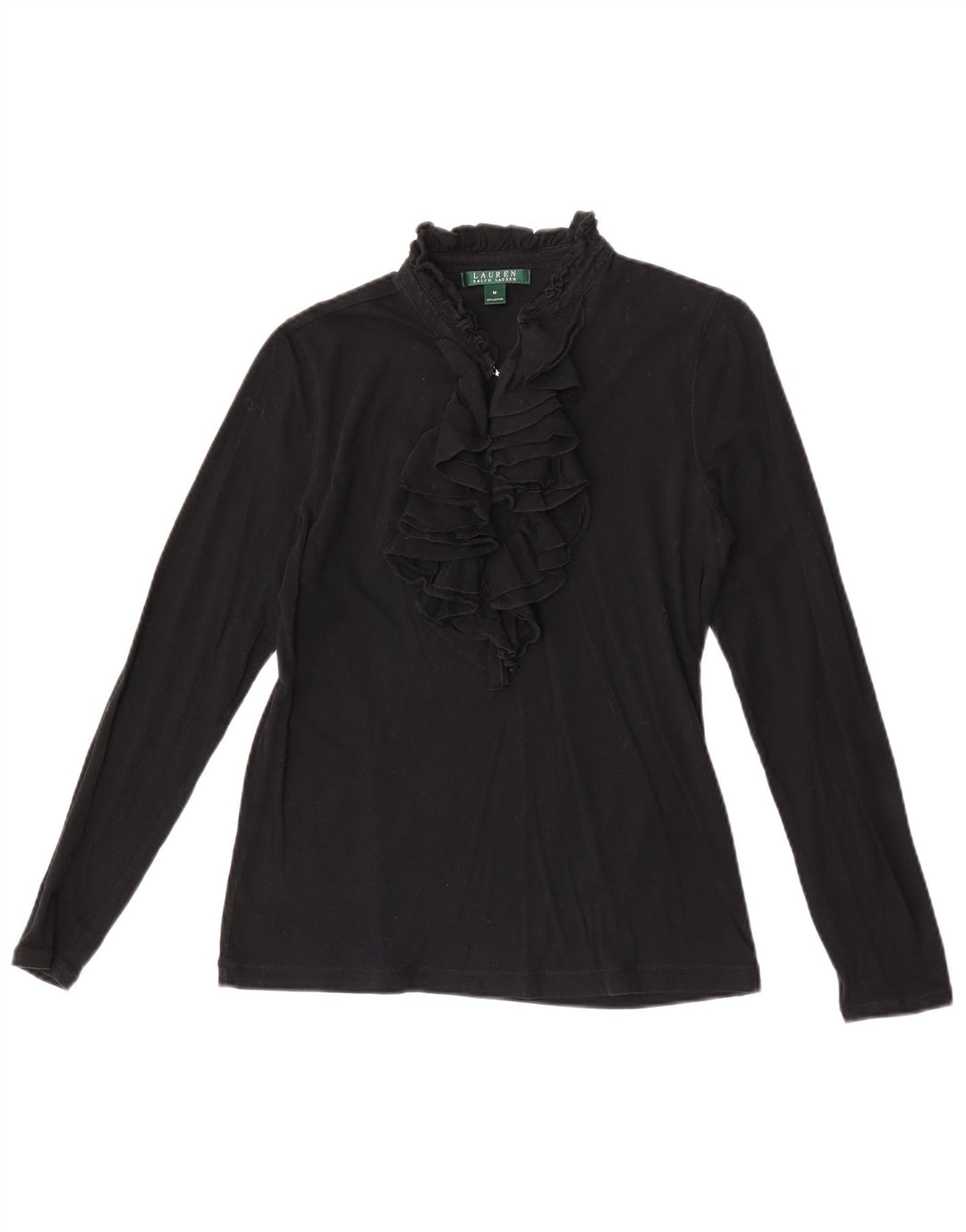 Ralph Lauren Top feminino com babados na frente e manga comprida Reino Unido 12 médio preto