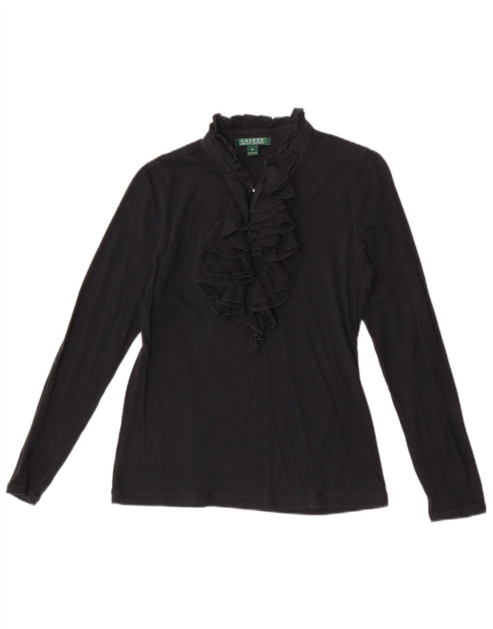 Ralph Lauren Top feminino com babados na frente e manga comprida Reino Unido 12 médio preto