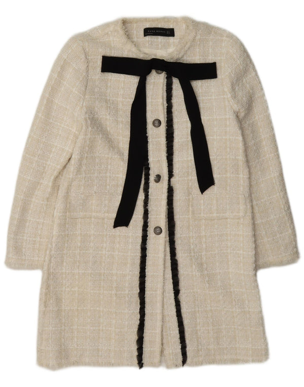 Jaqueta blazer feminina Zara Longline com 3 botões Reino Unido 12 algodão xadrez médio branco
