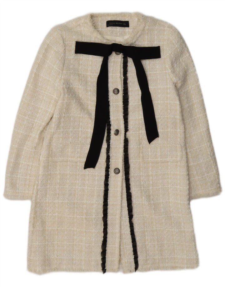 Jaqueta blazer feminina Zara Longline com 3 botões Reino Unido 12 algodão xadrez médio branco