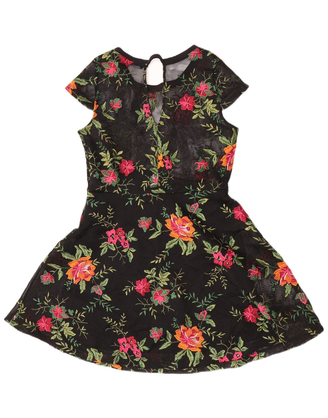 Guess Vestido feminino transparente evasê UK 8 pequeno preto floral poliéster