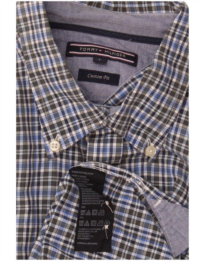 Camisa masculina Tommy Hilfiger Custom Fit grande algodão xadrez azul