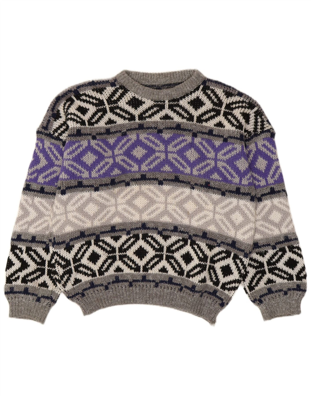 Suéter masculino vintage com gola redonda, pequeno cinza Fair Isle