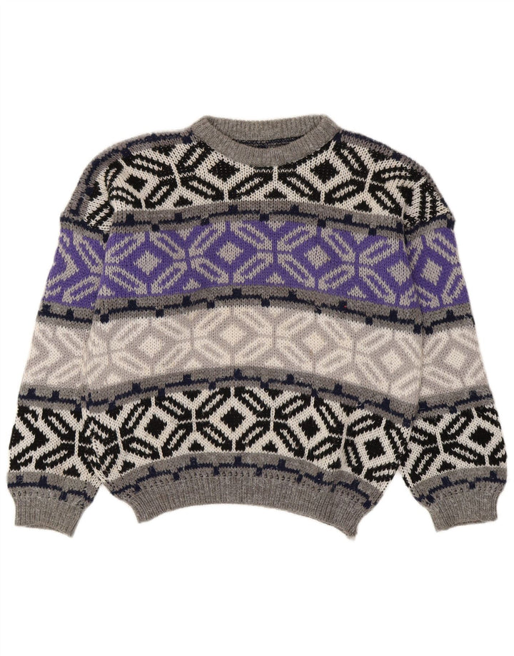 Suéter masculino vintage com gola redonda, pequeno cinza Fair Isle
