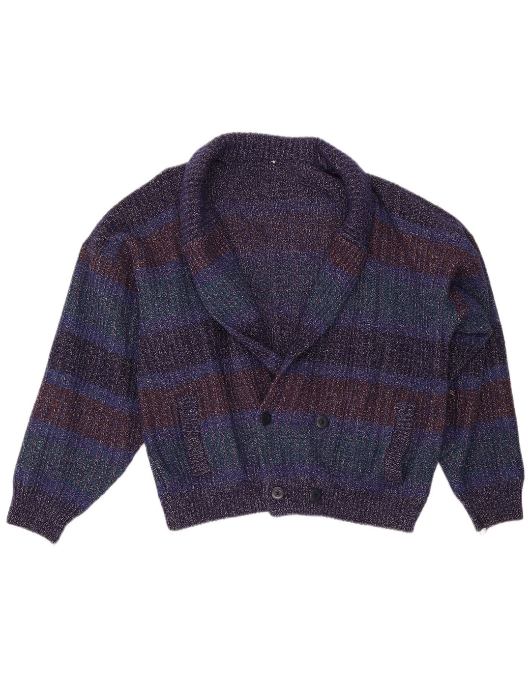 Suéter cardigã masculino vintage IT 52 grande lã manchada multicolorida