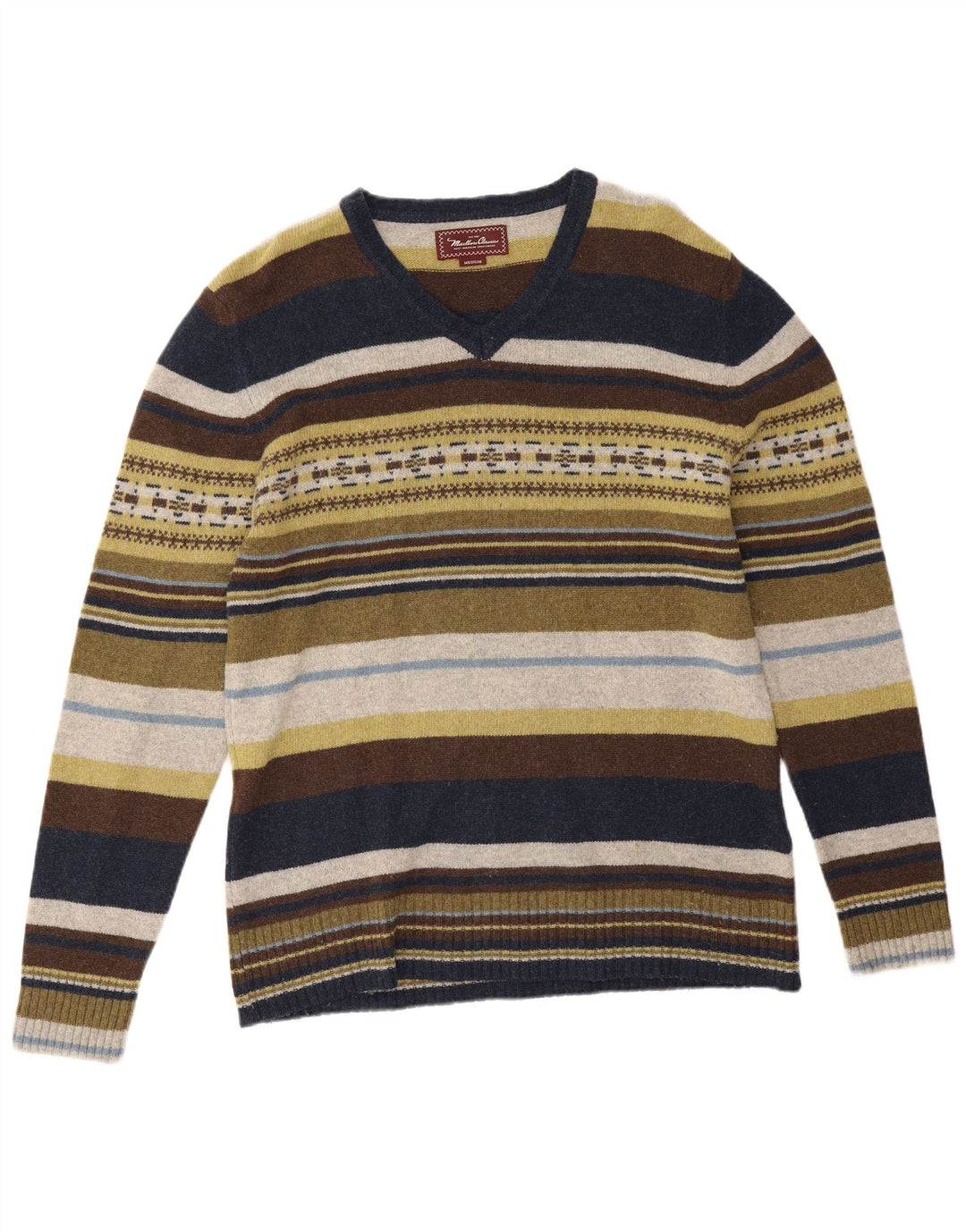 Suéter masculino Marlboro Classics com decote em V médio listrado multicolorido