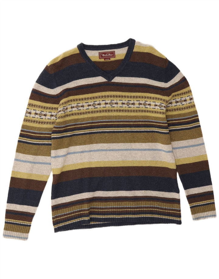 Suéter masculino Marlboro Classics com decote em V médio listrado multicolorido
