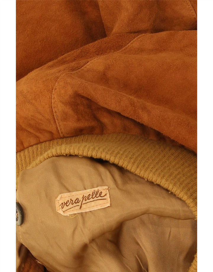 Jaqueta bomber masculina vintage de camurça Reino Unido 36 couro marrom pequeno