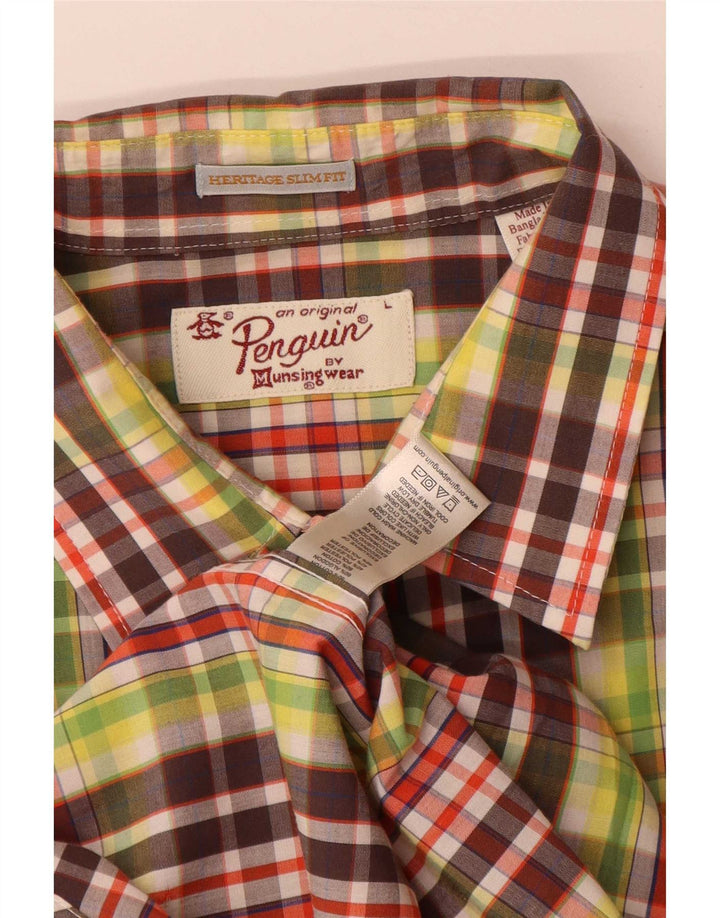 Camisa masculina Penguin Heritage manga curta slim fit grande xadrez multicolorida