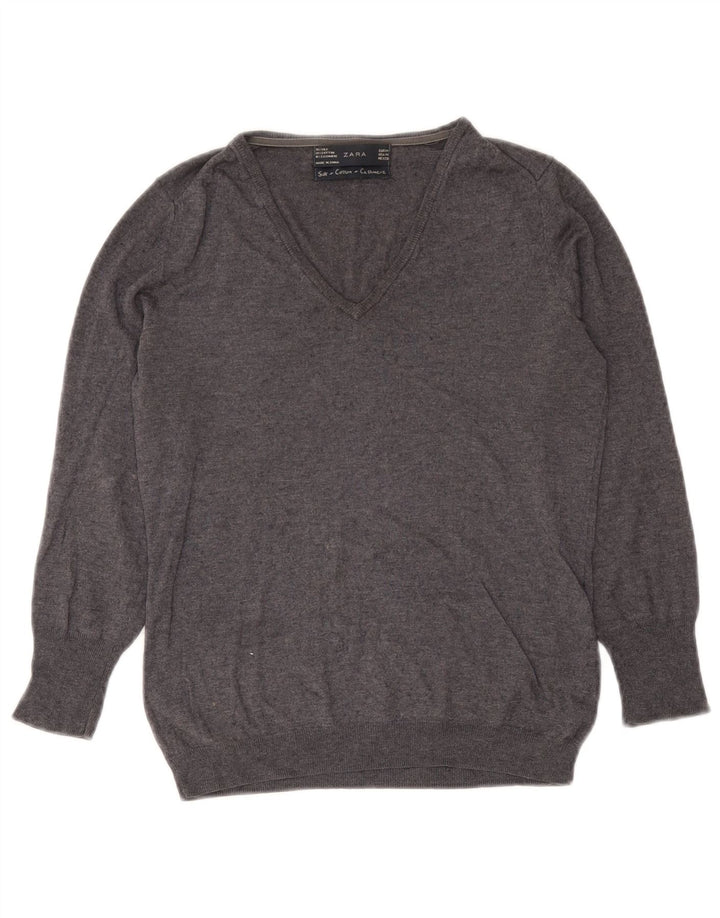 Suéter feminino Zara com decote em V Reino Unido 12 seda cinza médio