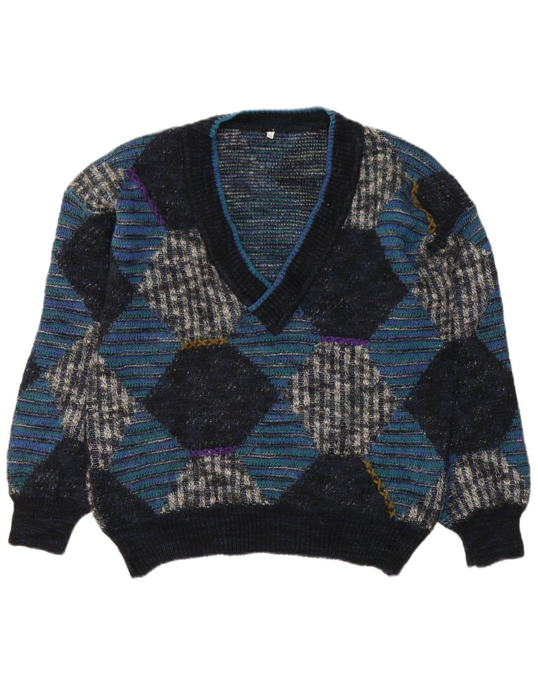 Suéter masculino vintage com decote em V IT 48 Azul Médio Argyle/Lã Diamante