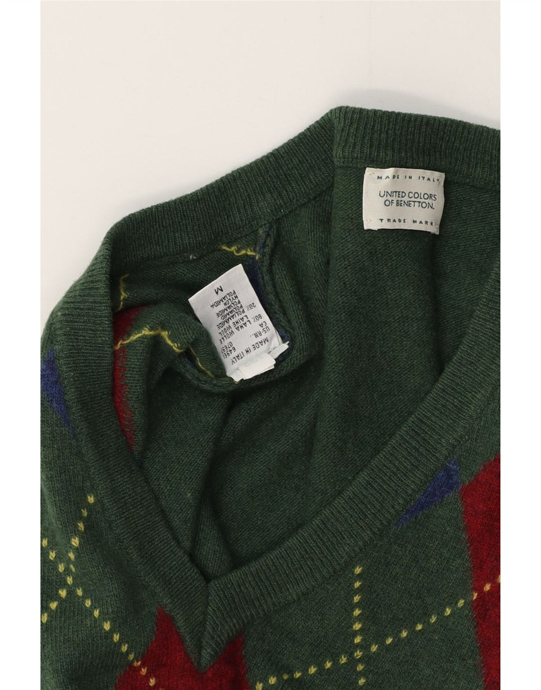 Suéter masculino BENETTON com decote em V verde médio Argyle/lã diamante