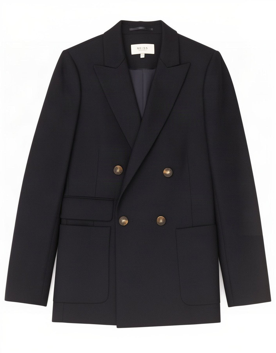 Jaqueta blazer feminina Reiss Double Breasted Reino Unido 8 pequena lã azul marinho