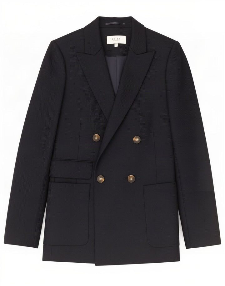 Jaqueta blazer feminina Reiss Double Breasted Reino Unido 8 pequena lã azul marinho