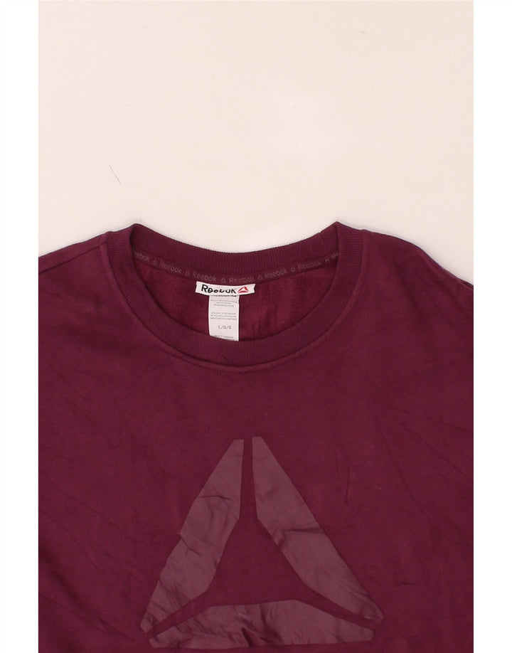 REEBOK Womens Graphic Sweatshirt Jumper UK 16 Large Purple Cotton Vintage Reebok and Second-Hand Reebok from Messina Hembry 