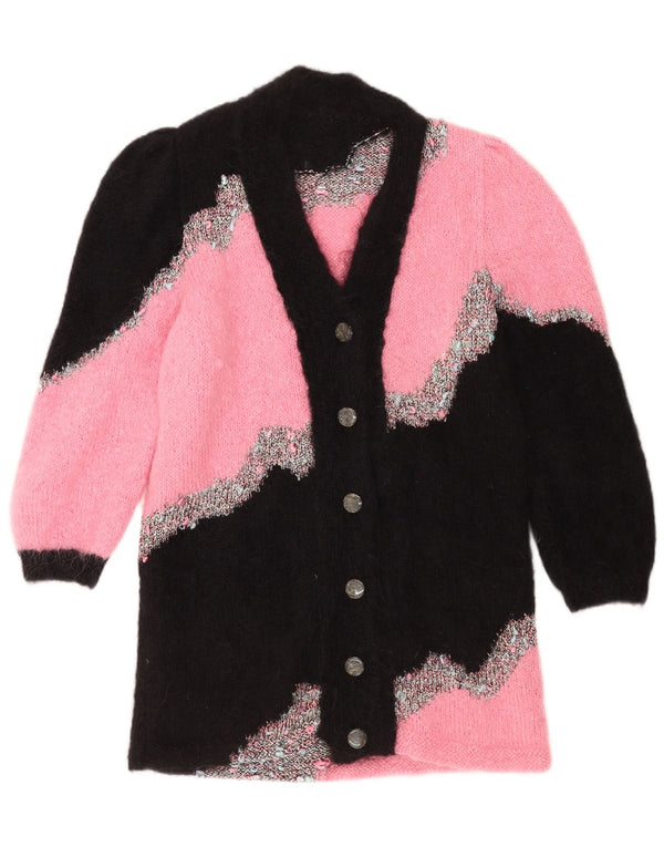 Suéter cardigã feminino vintage com palangre UK 14 bloco colorido rosa médio
