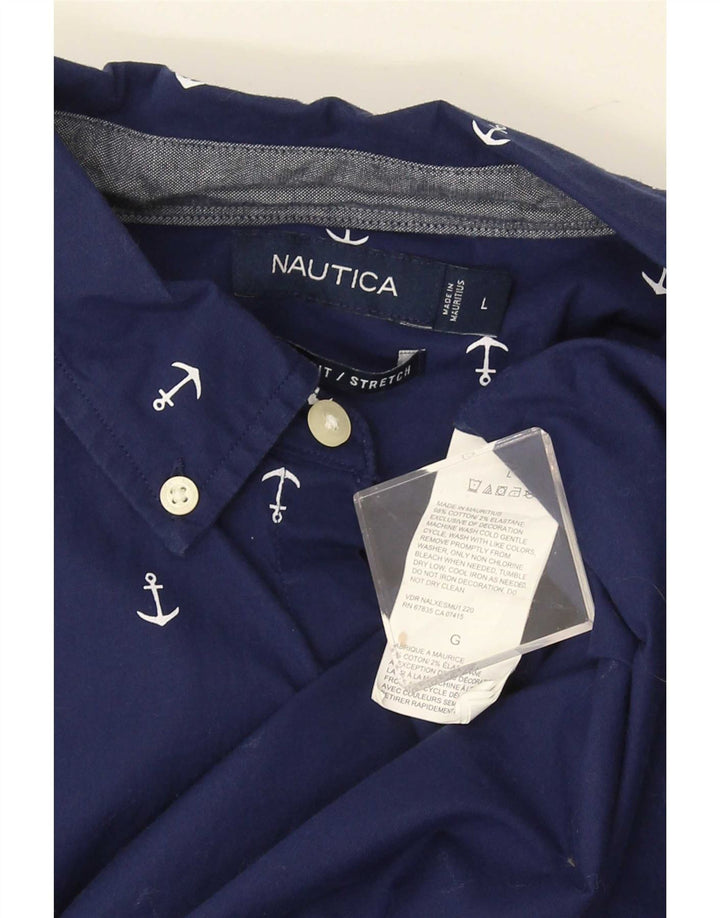 Camisa masculina Nautica Stretch manga curta com estampa abstrata grande azul marinho