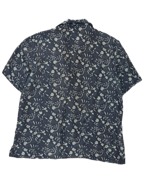 Blusa feminina vintage de manga curta Reino Unido 14 seda floral azul marinho médio