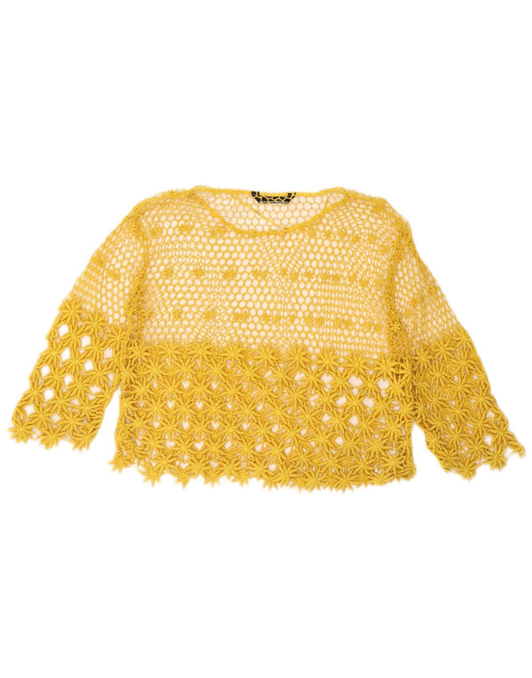 Top feminino de crochê transparente Zara manga 3/4 Reino Unido 14 amarelo médio