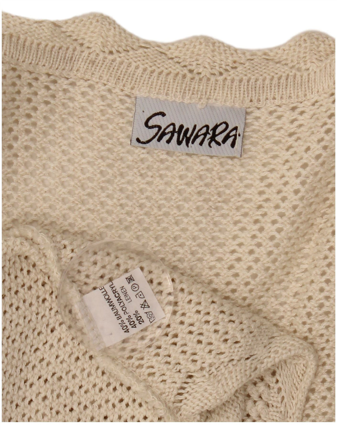 Suéter cardigã feminino de crochê sem mangas VINTAGE Reino Unido 14 grande bege