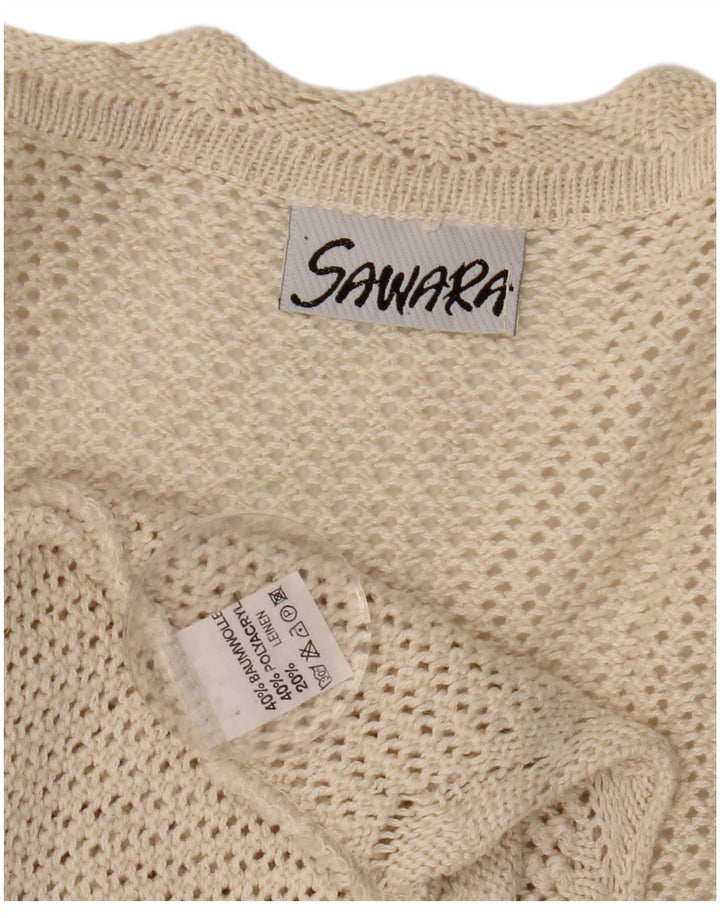 Suéter cardigã feminino de crochê sem mangas VINTAGE Reino Unido 14 grande bege