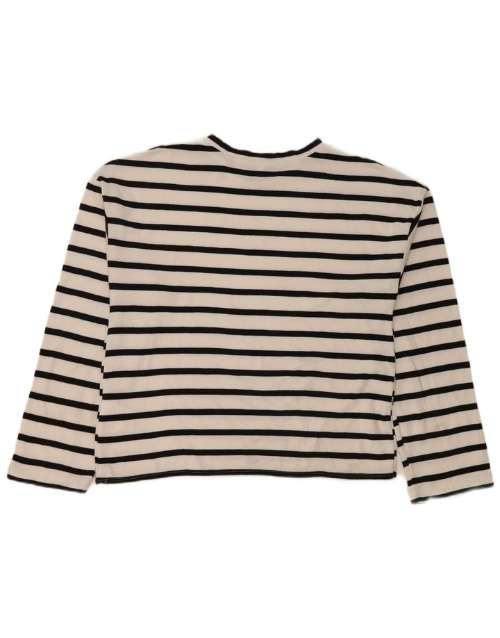 Top feminino Zara manga comprida UK 14 viscose listrada branca média