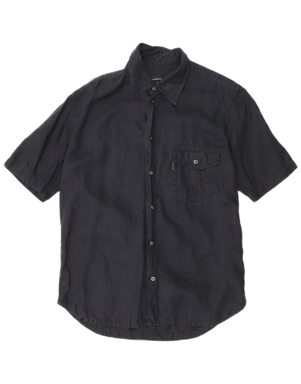 Camisa masculina de manga curta Calvin Klein Jeans grande linho azul marinho