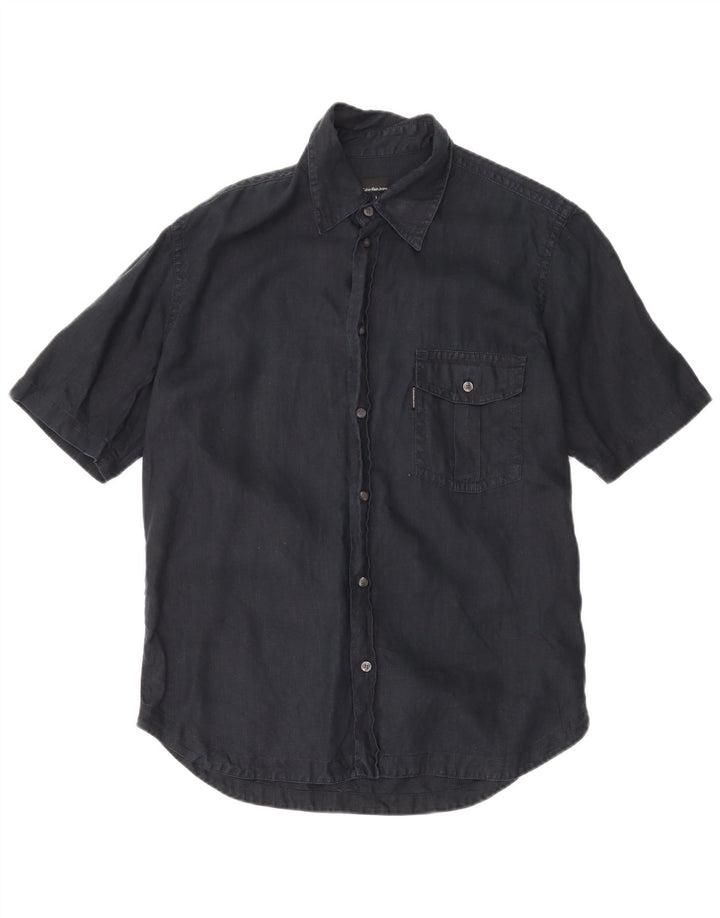 Camisa masculina de manga curta Calvin Klein Jeans grande linho azul marinho