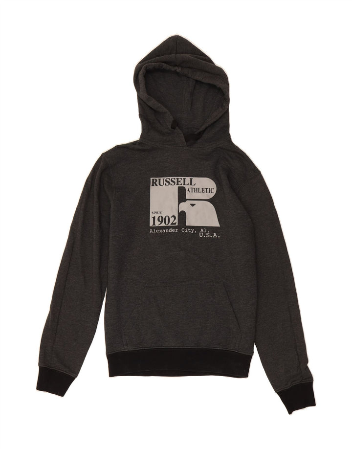 RUSSELL ATHLETIC Mens Graphic Hoodie Jumper Small Grey Cotton Vintage Russell Athletic and Second-Hand Russell Athletic from Messina Hembry 