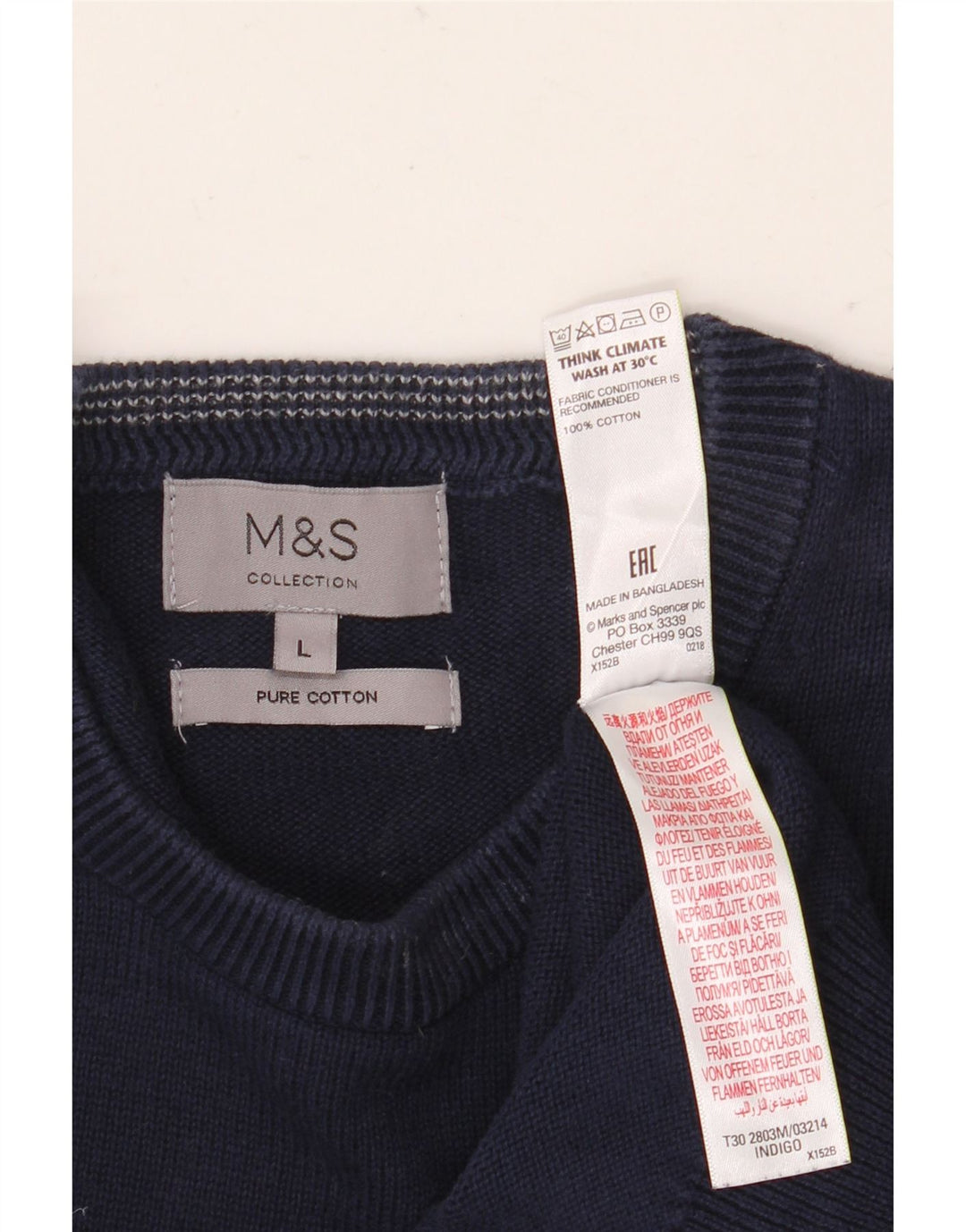 Suéter masculino Marks & Spencer com gola redonda, grande algodão azul marinho