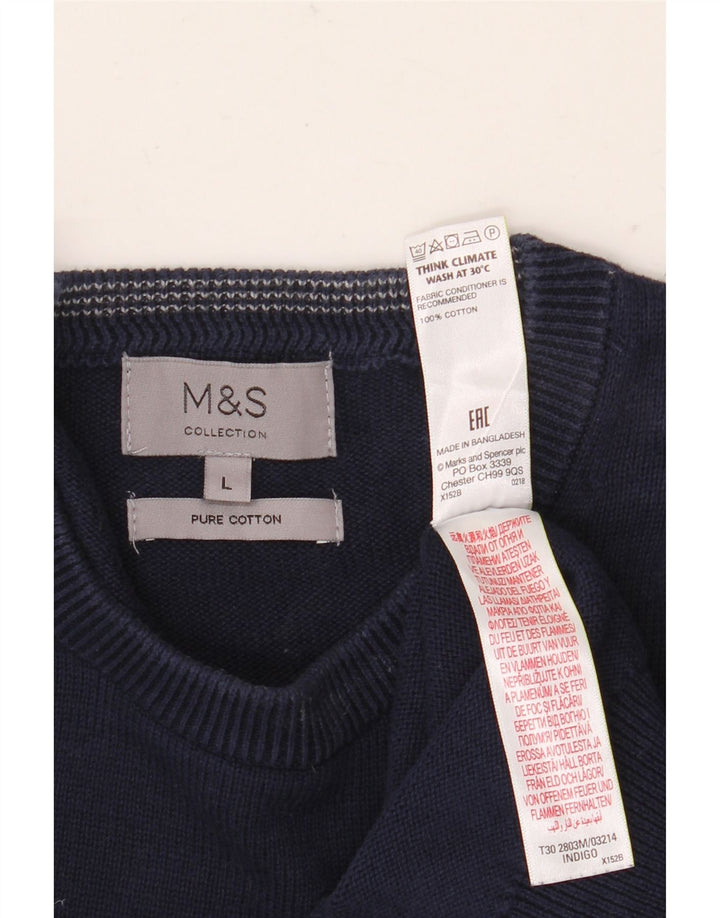 Suéter masculino Marks & Spencer com gola redonda, grande algodão azul marinho
