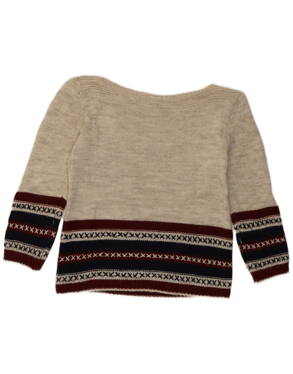 Suéter feminino vintage com gola canoa UK 10 pequeno bege Fair Isle