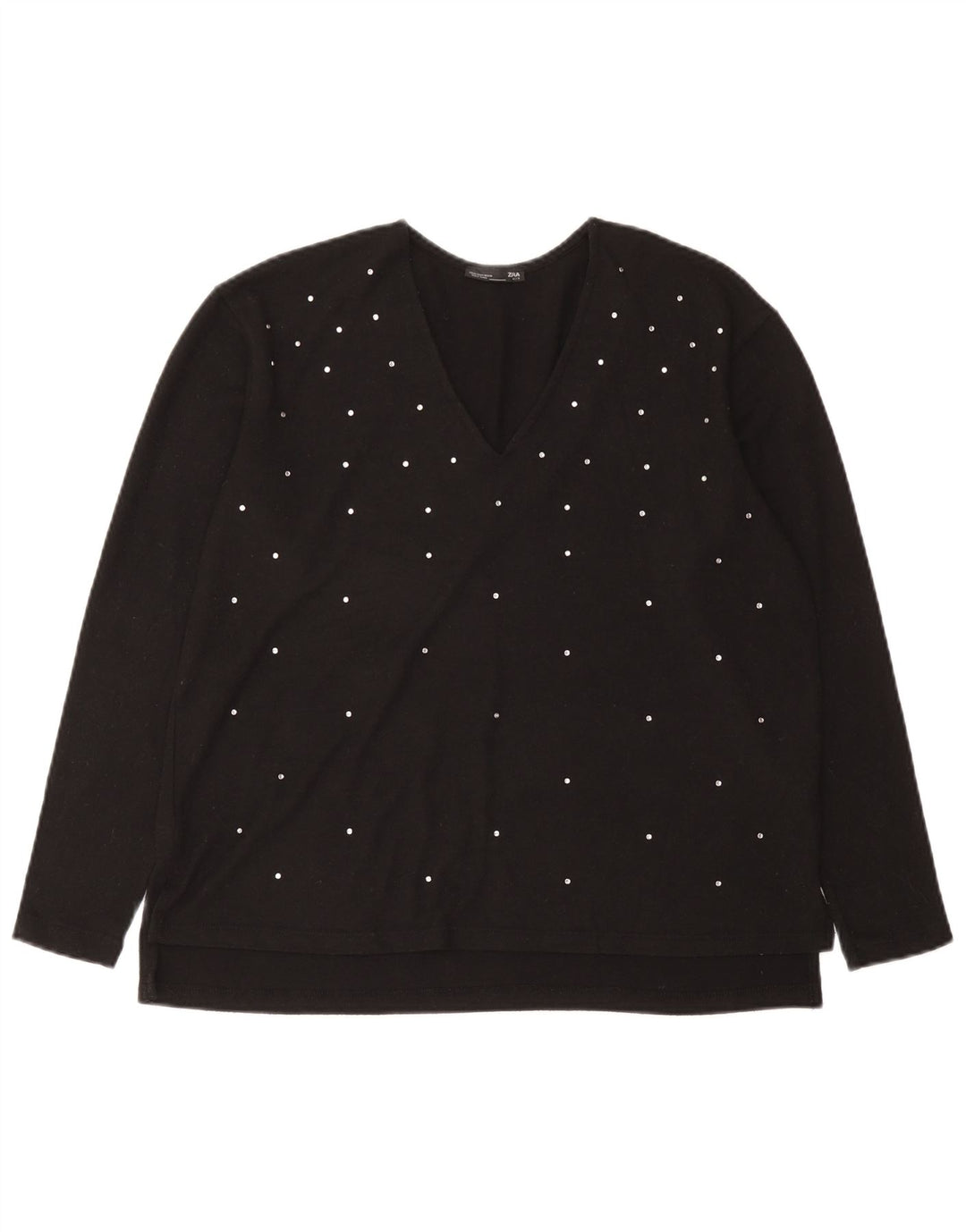 Top feminino Zara manga comprida UK 14 poliéster manchado preto médio
