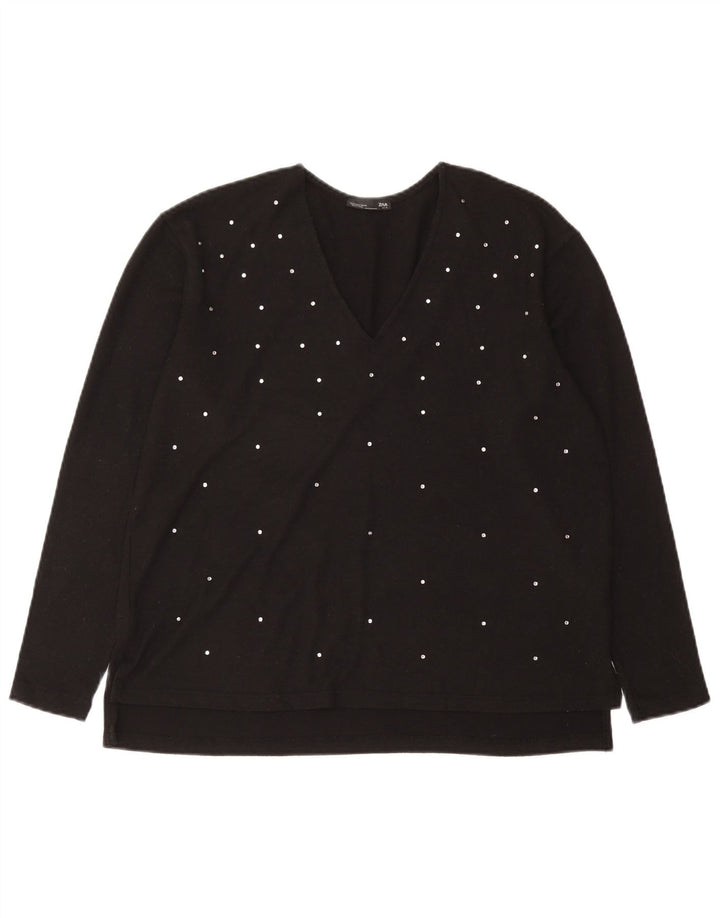 Top feminino Zara manga comprida UK 14 poliéster manchado preto médio