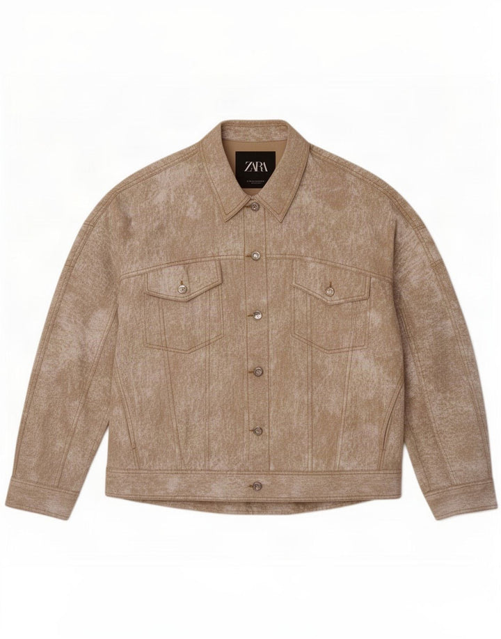 Zara Jaqueta Bomber Feminina Oversized Reino Unido 14 Linho Salpicado Bege Médio