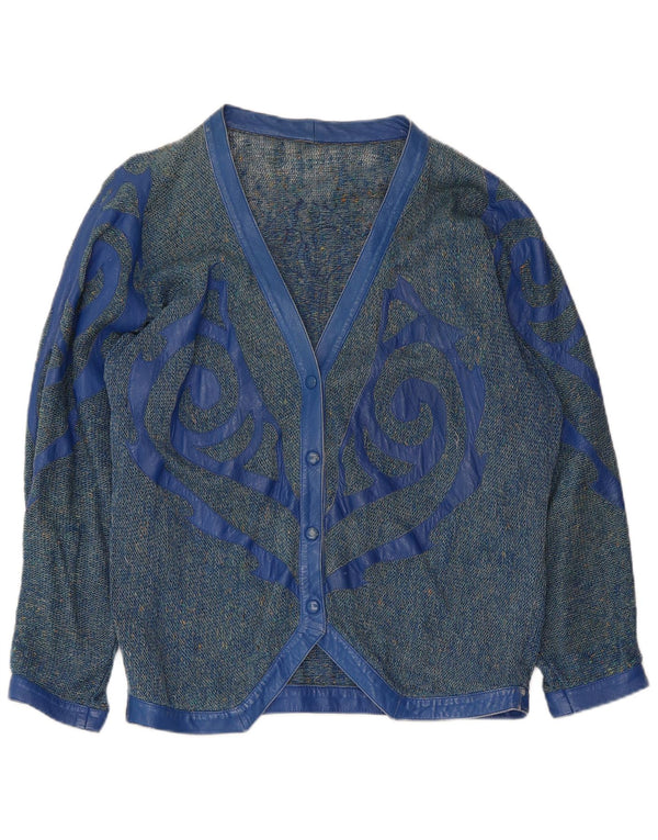 Suéter cardigã feminino vintage VINTAGE Reino Unido 16 grande azul manchado