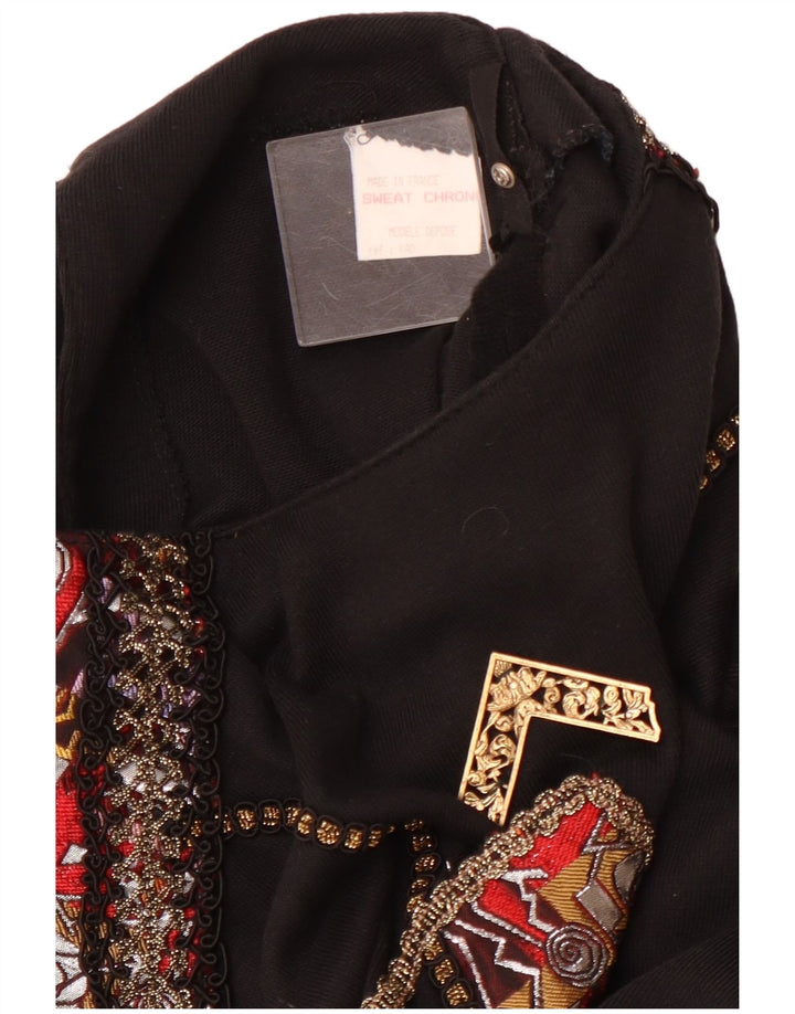 Blusa feminina VINTAGE estampada de manga comprida Reino Unido 12 acrílico preto médio