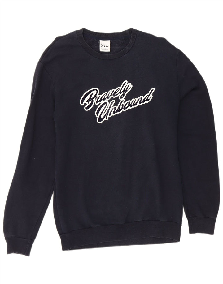 Zara moletom gráfico masculino jumper médio azul marinho